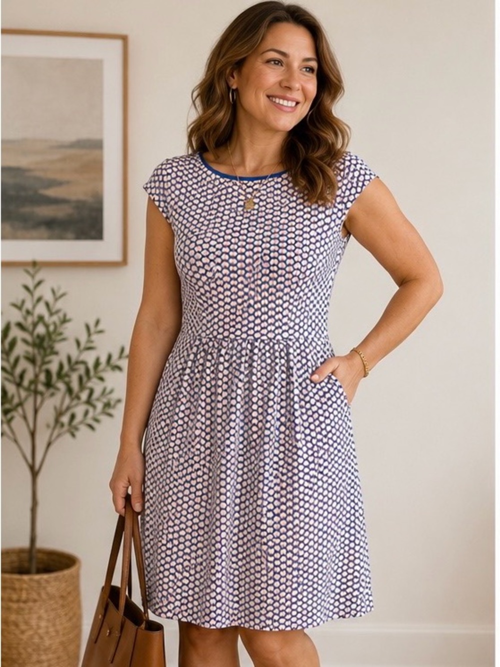 Boden Blue White Print Fit & Flare Knit Dress US 6P UK 10P